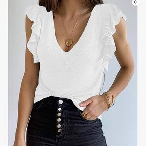White Knit V-Neck Top with Ruffle Sleeve size L